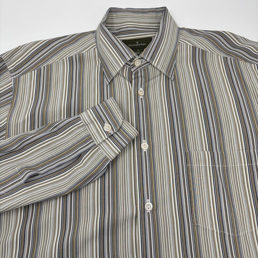 Ermenegildo Zegna Large Brown Blue Striped Button Down Long Sleeve Shirt